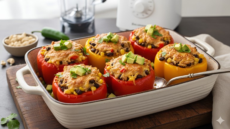 Cheesy Vegan Bean-Rice Stuffed Peppers recipe photo